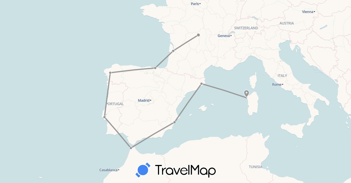 TravelMap itinerary: plane in Spain, France, Italy, Morocco, Portugal (Africa, Europe)
